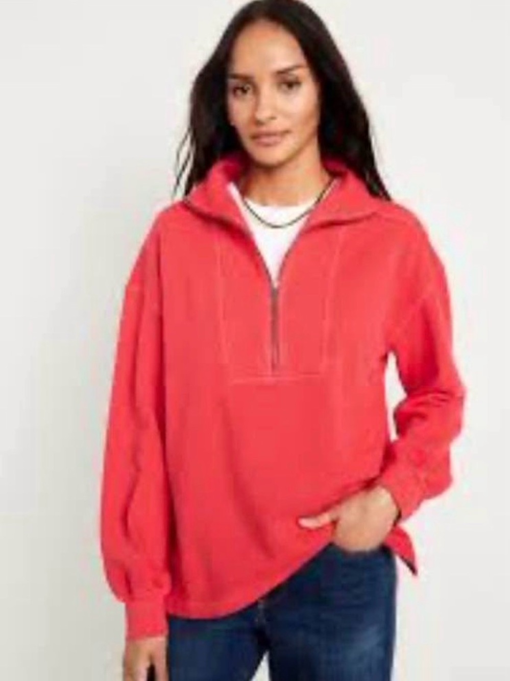 Oversized Bright Red Half-Zip Pullover Sweatshirt